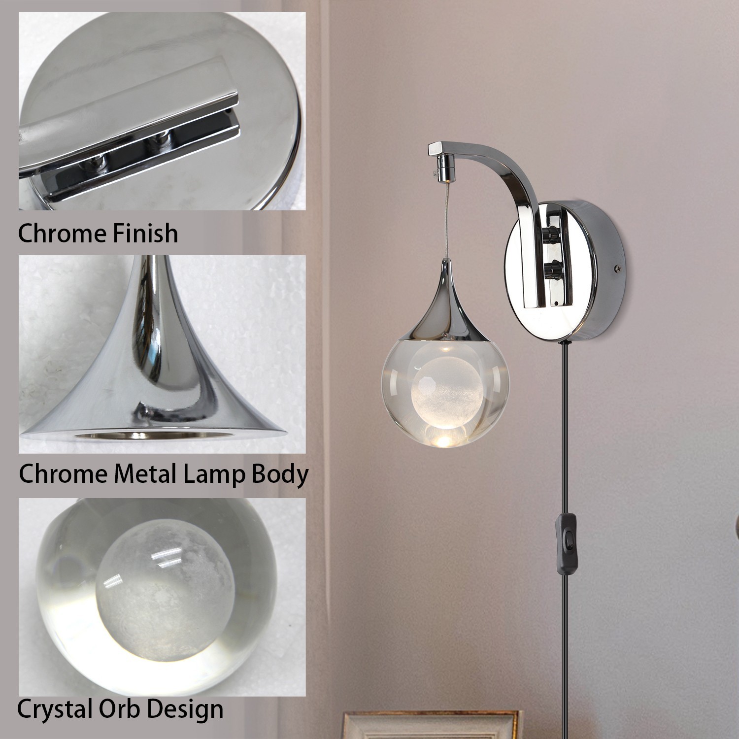 Modern LED Wall Sconce 5W Dimmable Wall Light with Plug for Living Room&Bathroom
