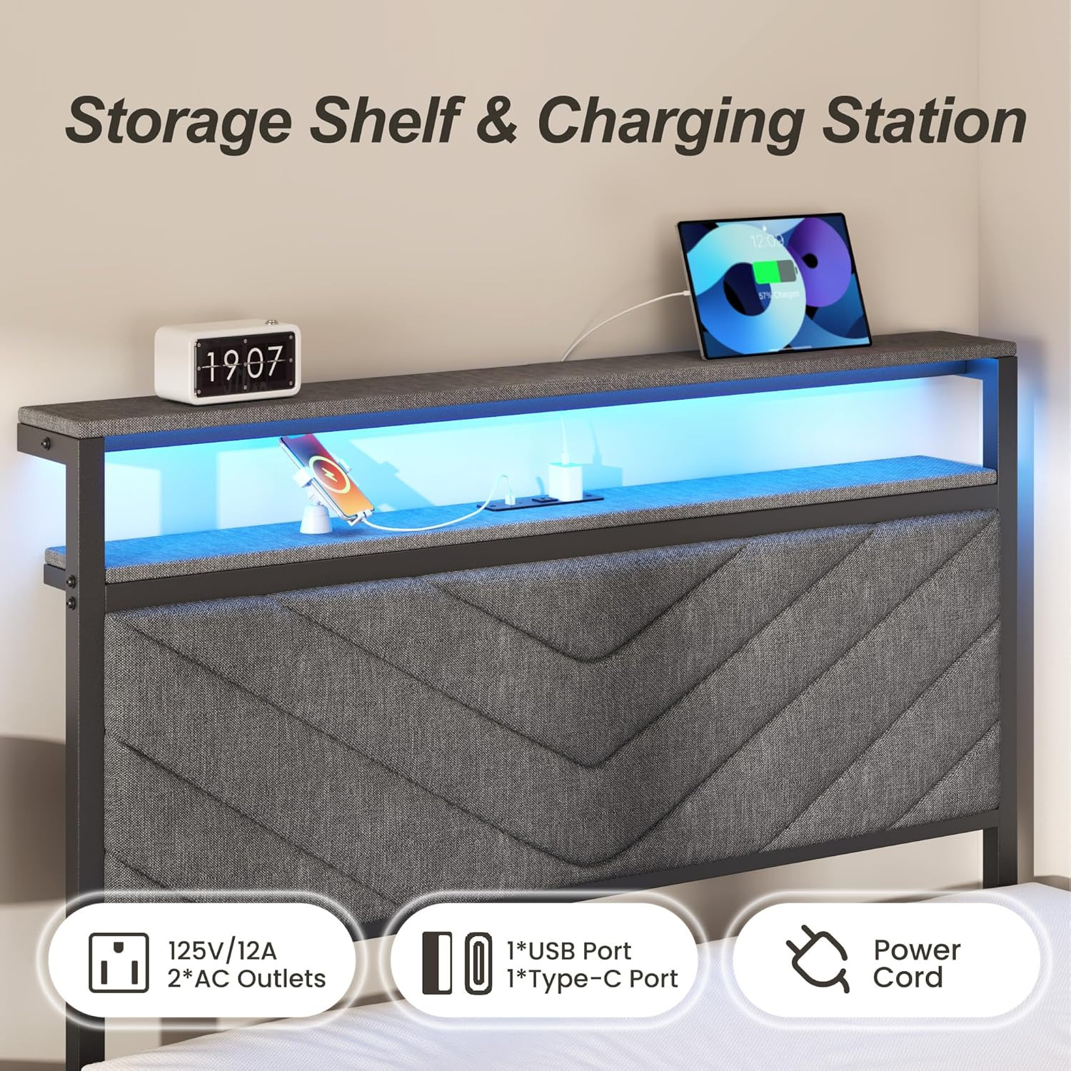 Twin Bed Frame with Charging Station, LED Lights & 2 Storage Drawers, Grey Platf