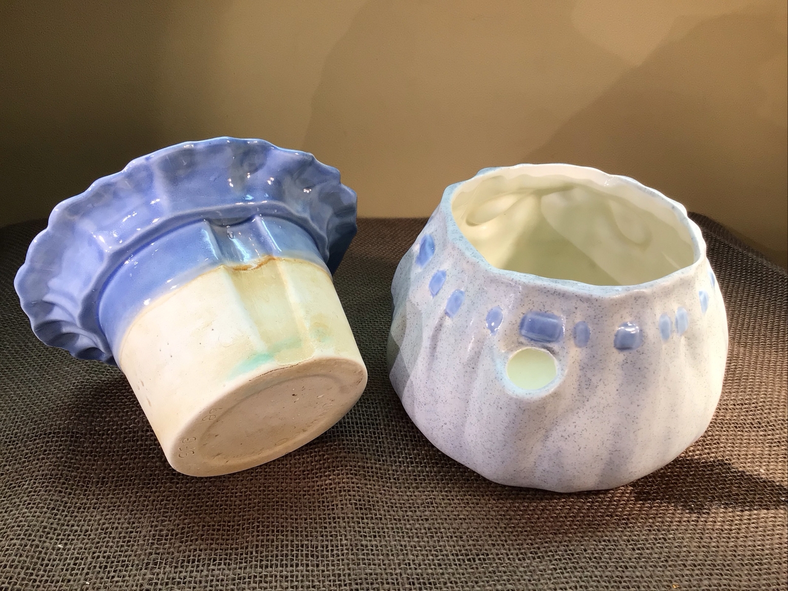 Vtg. Self Watering Double Planter Handmade Ceramic Porcelain, Dated 1989 Signed