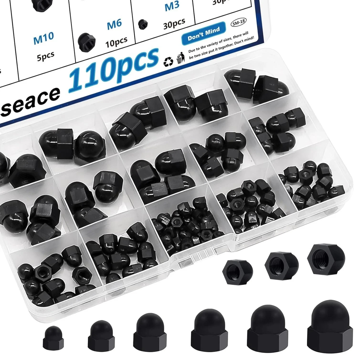smseace 110Pcs 6-Sizes Hex Acorn Cap Nuts Assortment Kit - M3/ M4/ Black