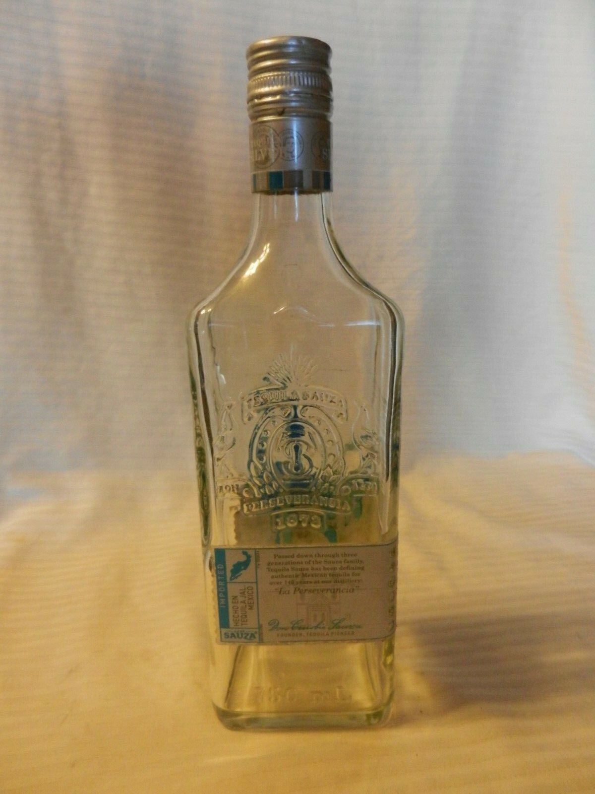 Imported Sauza Tequila Silver Empty Bottle with Cap Embossed with Blue Rooster