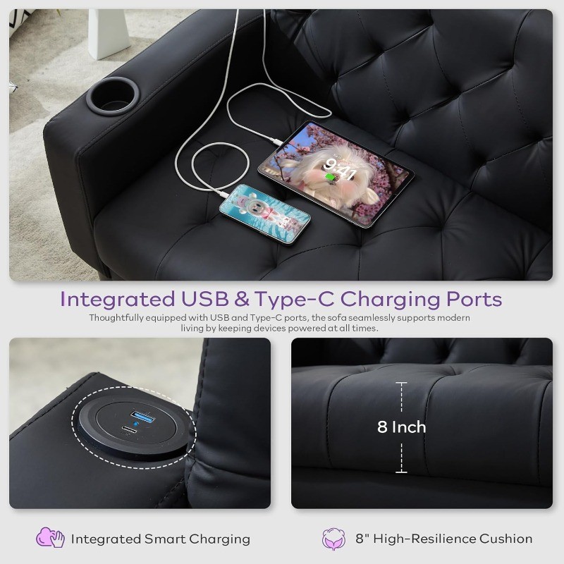 62" W Loveseat Sofa Couches W/ 2 USB Charger Ports and 2 Cupholders Tufted