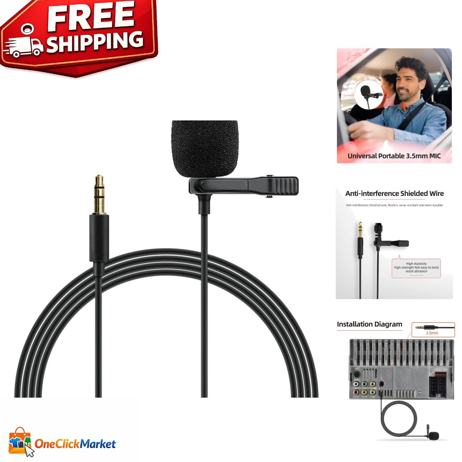 Professional Car Stereo Microphone, 3.5mm Plug with Clip, Noise Canceling Design