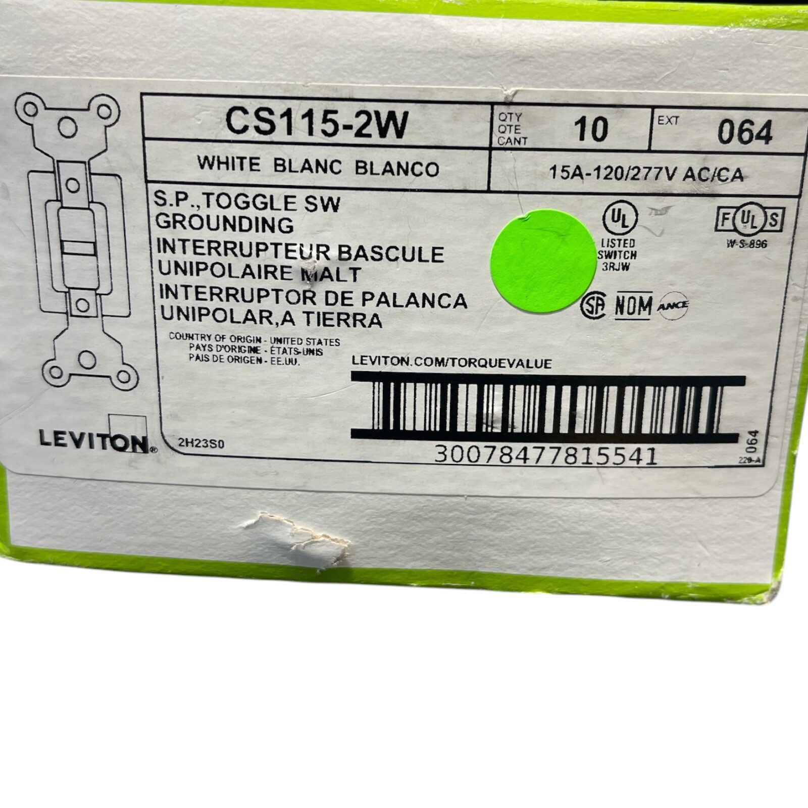 Leviton 15A Commercial Grade Single Pole Toggle Switch, White. (10 Pack) US