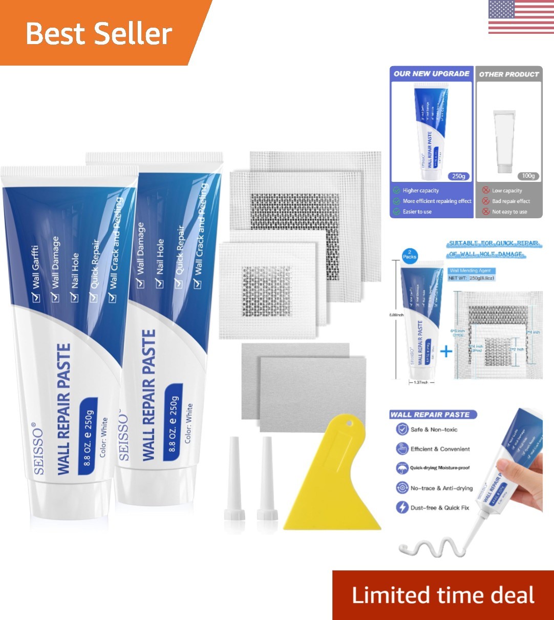 Ultimate Wall Repair Paste Kit - 2x250g with 4 Patches & Scraper for Fast Fixes