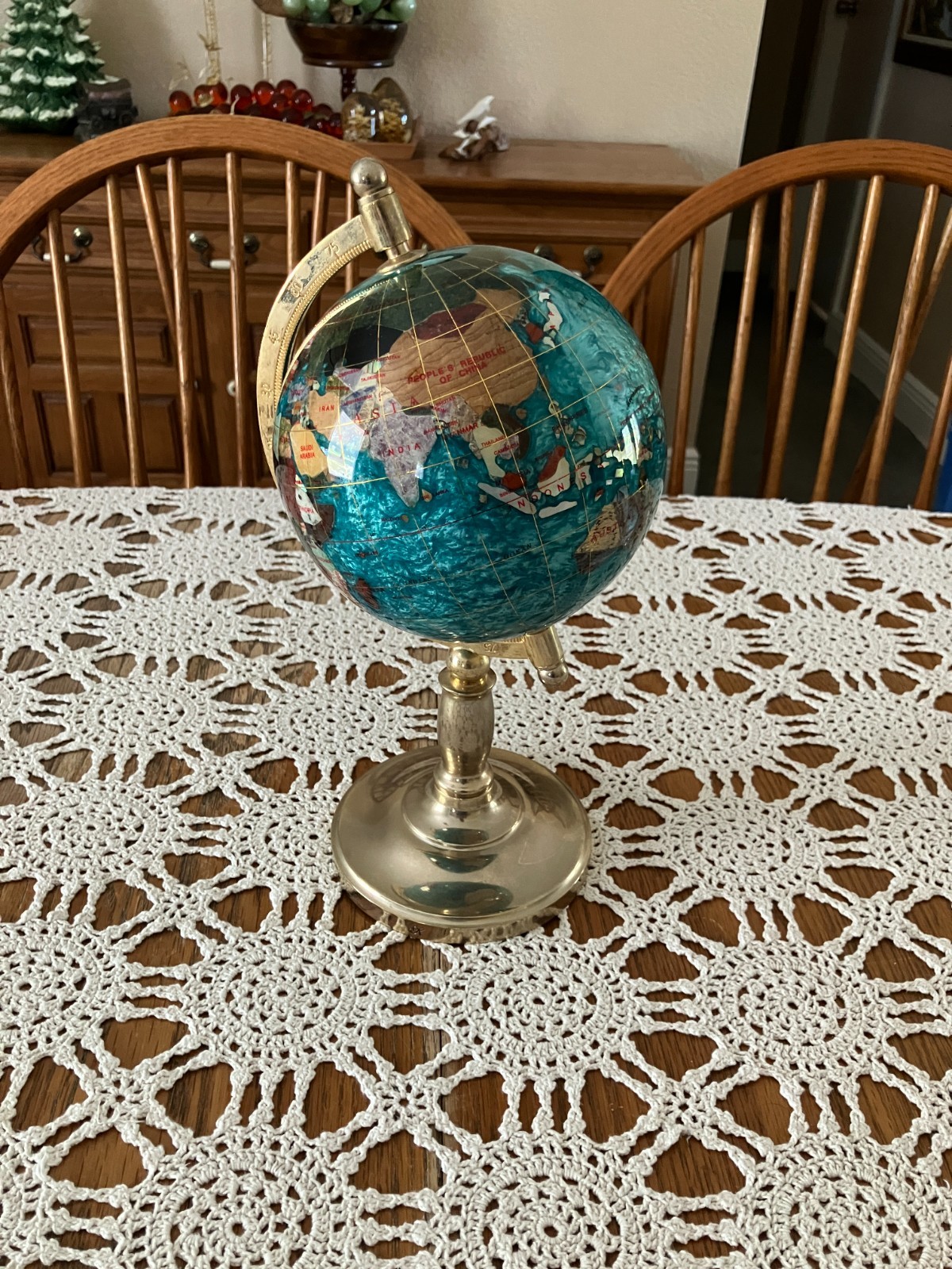 HTF!! Kalifano Teal Green 12 ½” H Desktop World Globe w/ Precious Stone Gemstone