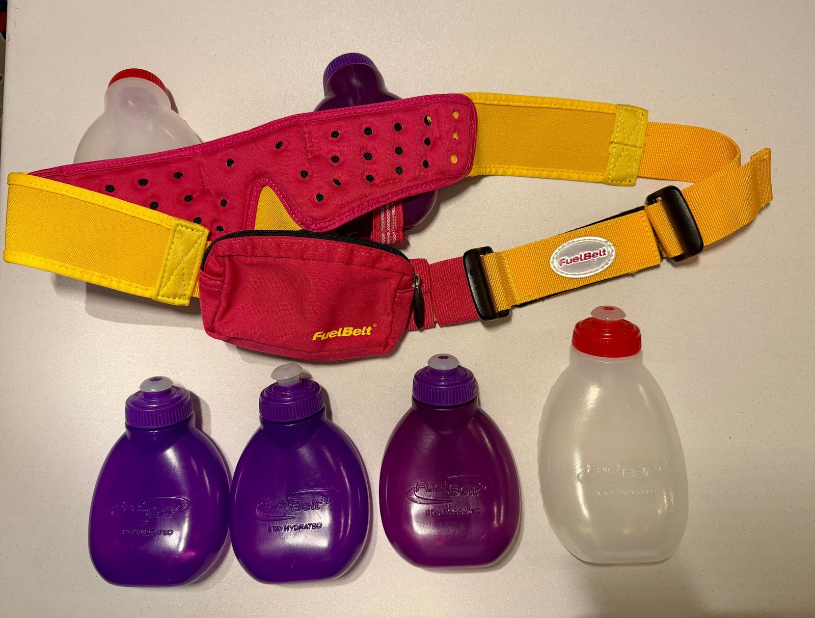 FuelBelt Hydration Belt Running Adjustable Unisex 2 Bottle Pouch Pink Yellow