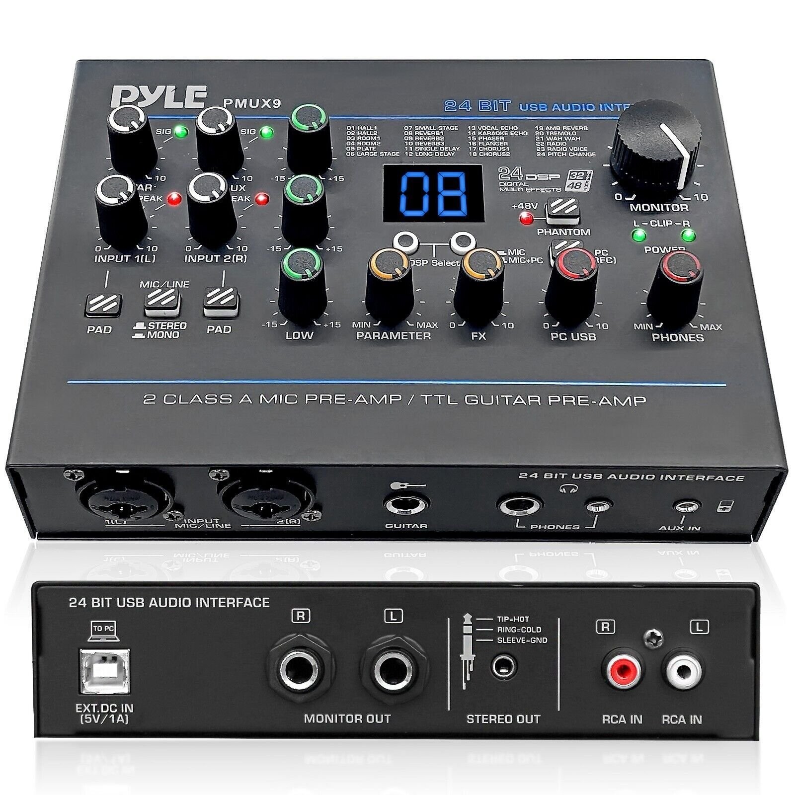 Pyle Professional USB Audio Interface with MIC/LINE, Guitar AUX Stereo & RCA