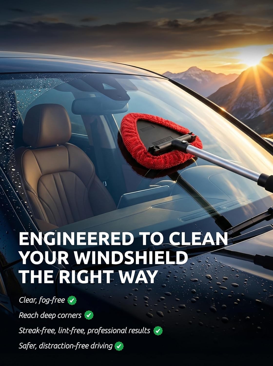 Windshield Cleaner Tool Extendable Long Handle Pivoting Head Microfiber Bonnets