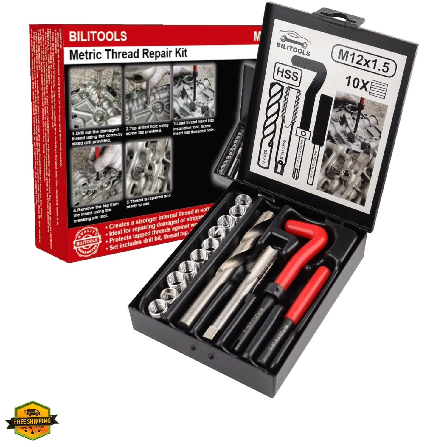 M12x1.5 Thread Repair Kit, HSS Drill Helicoil Repair Kit Metric