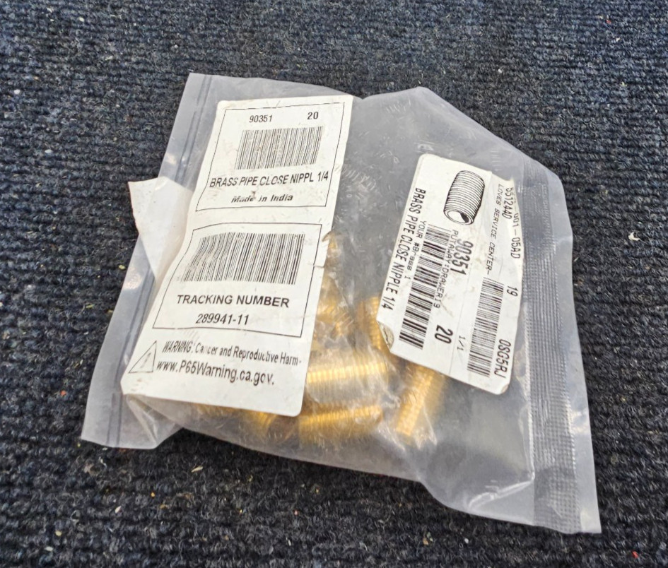 (QTY 20) 90351: 1/4" Male Brass Pipe Close Nipples, 1200PSI Max Pressure