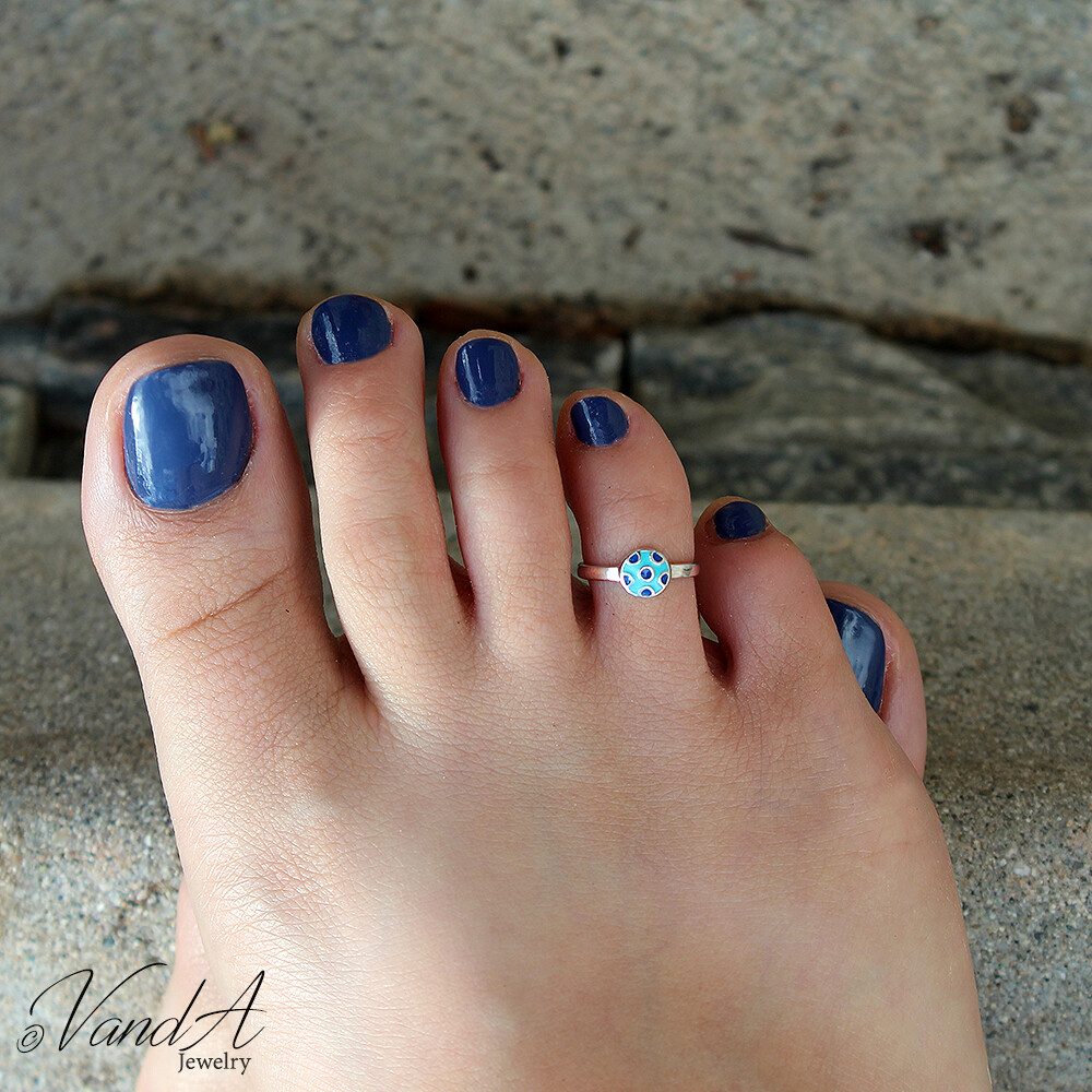 Sterling Silver 925 Toe Ring Turquoise & Navy Enameled Circle Toe Ring T07
