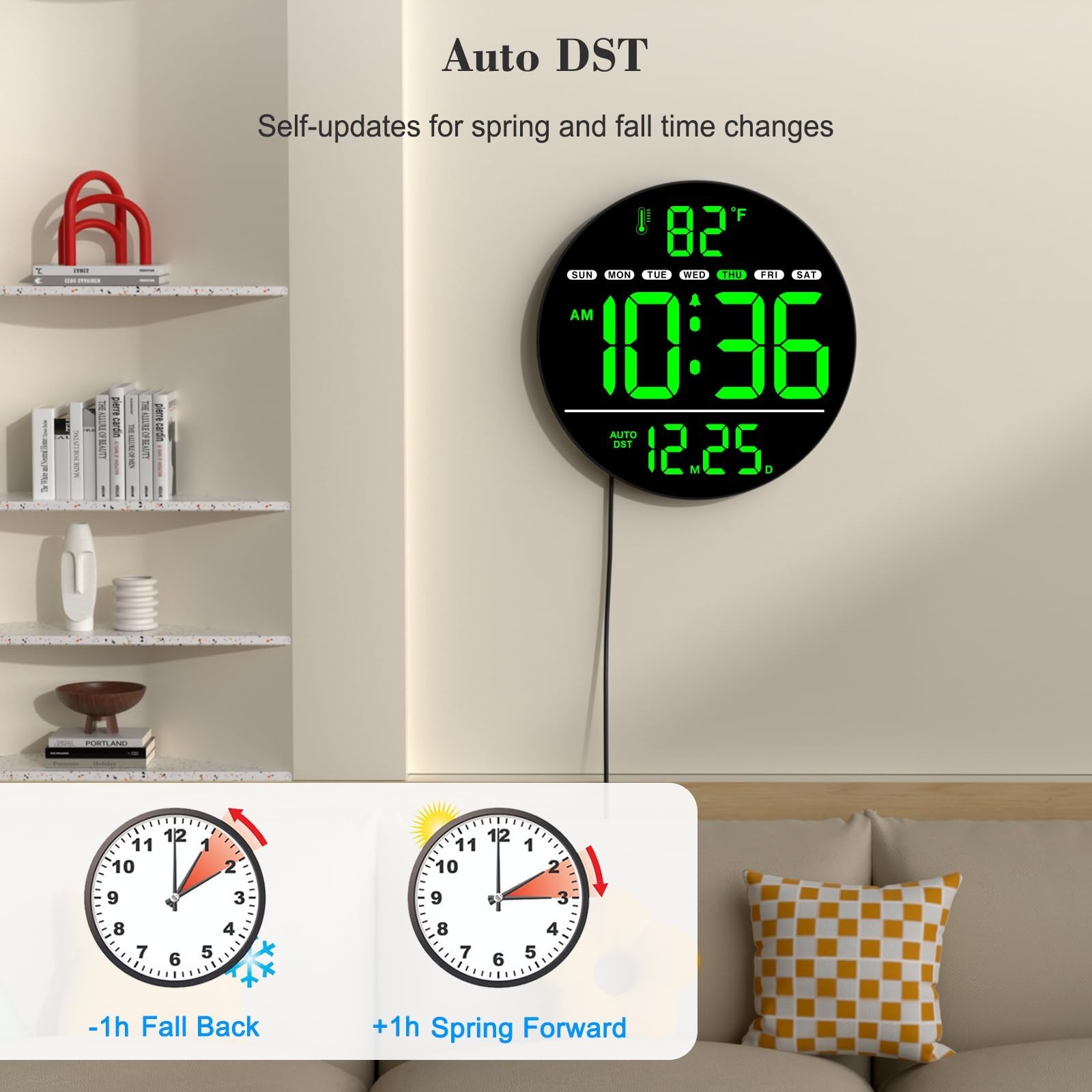 Electric Large Digital Wall Clock with LED Display | PLUG IN clock with Tempe...