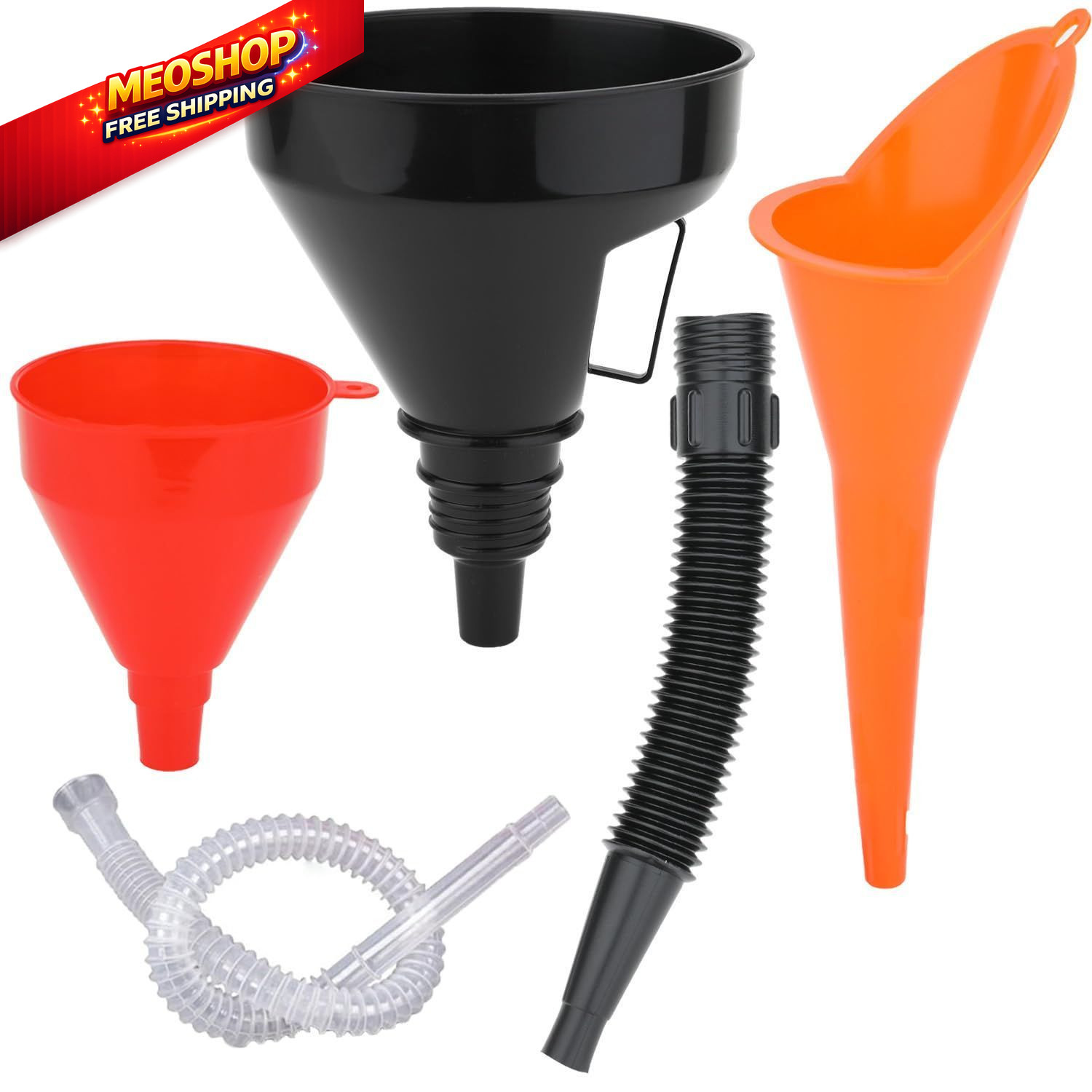 3 Pack Automotive Oil Funnel Set, Wide Mouth Fuel Funnels Black, Orange, Red