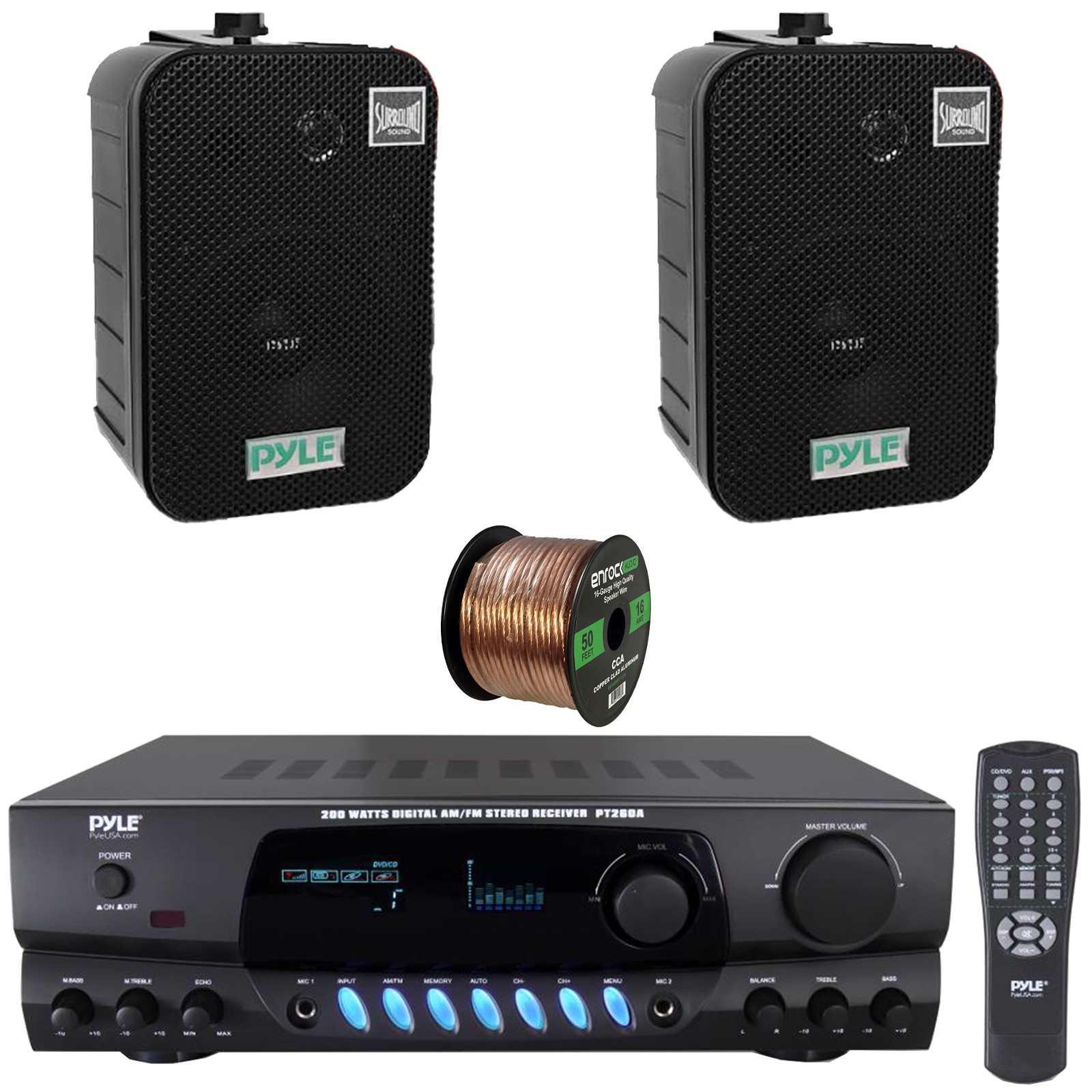 Pyle Home Stereo Digital Receiver, 2x 5.25" 400W Indoor/Outdoor Speakers, Wire
