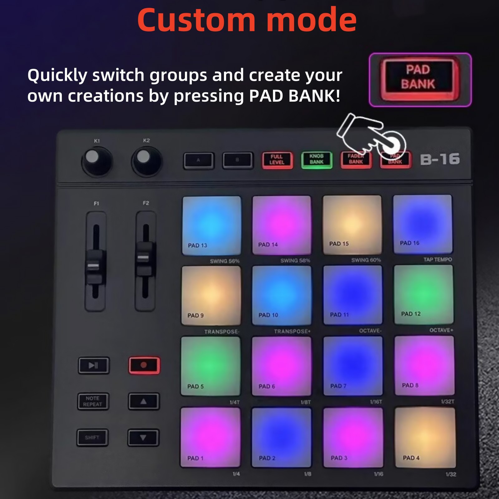 USB MIDI Controller Beat Maker 16 Beat Pads 2 Fader Knobs Drum Machine