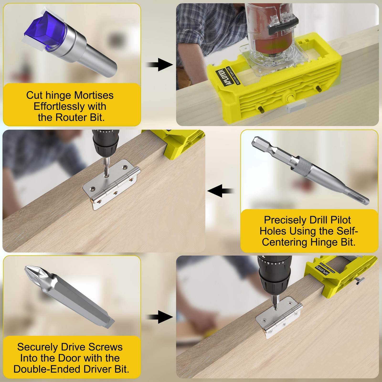 Door Hinge Jig, Router Template, Adjustable Mortise Yellow