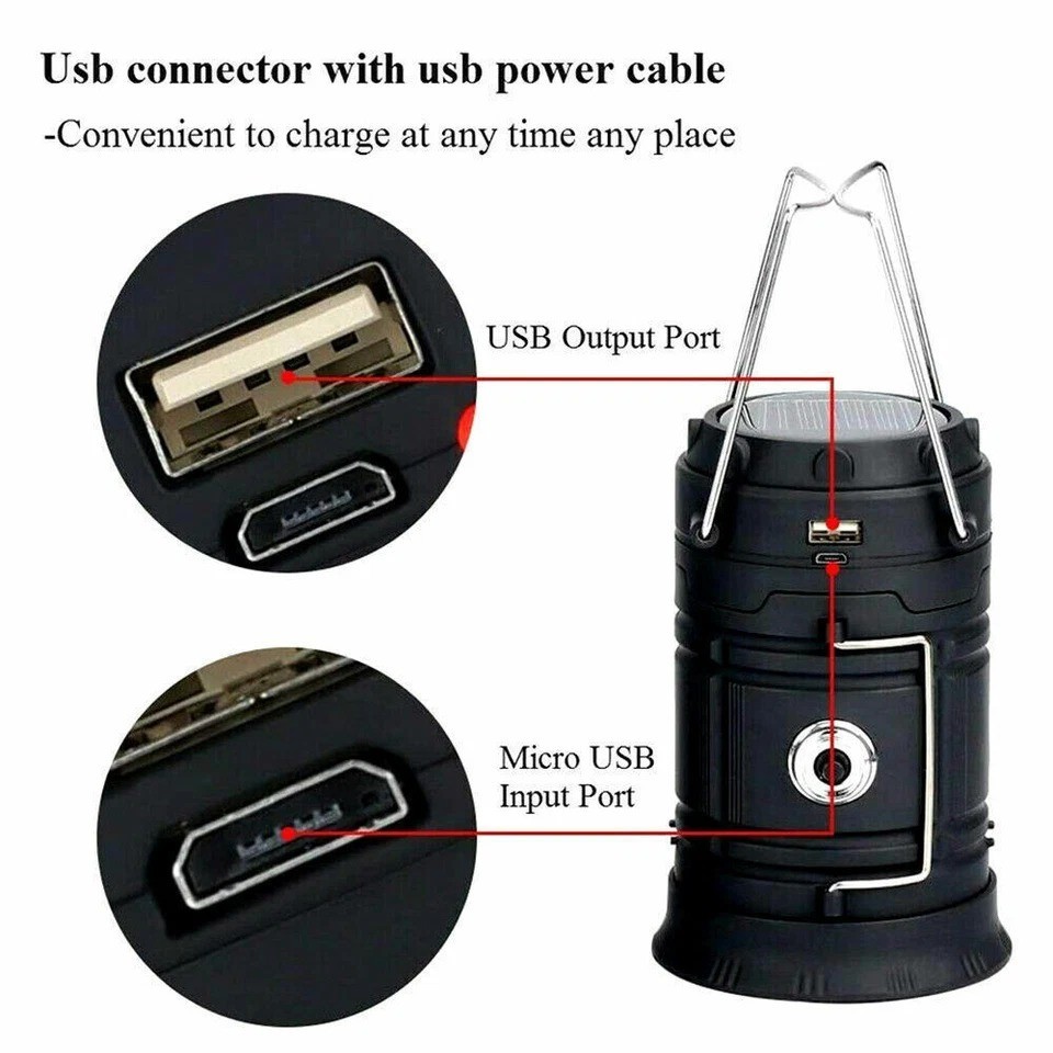 2x Solar Camping Lantern Flashlight Lamp Portable Rechargeable LED USB Power