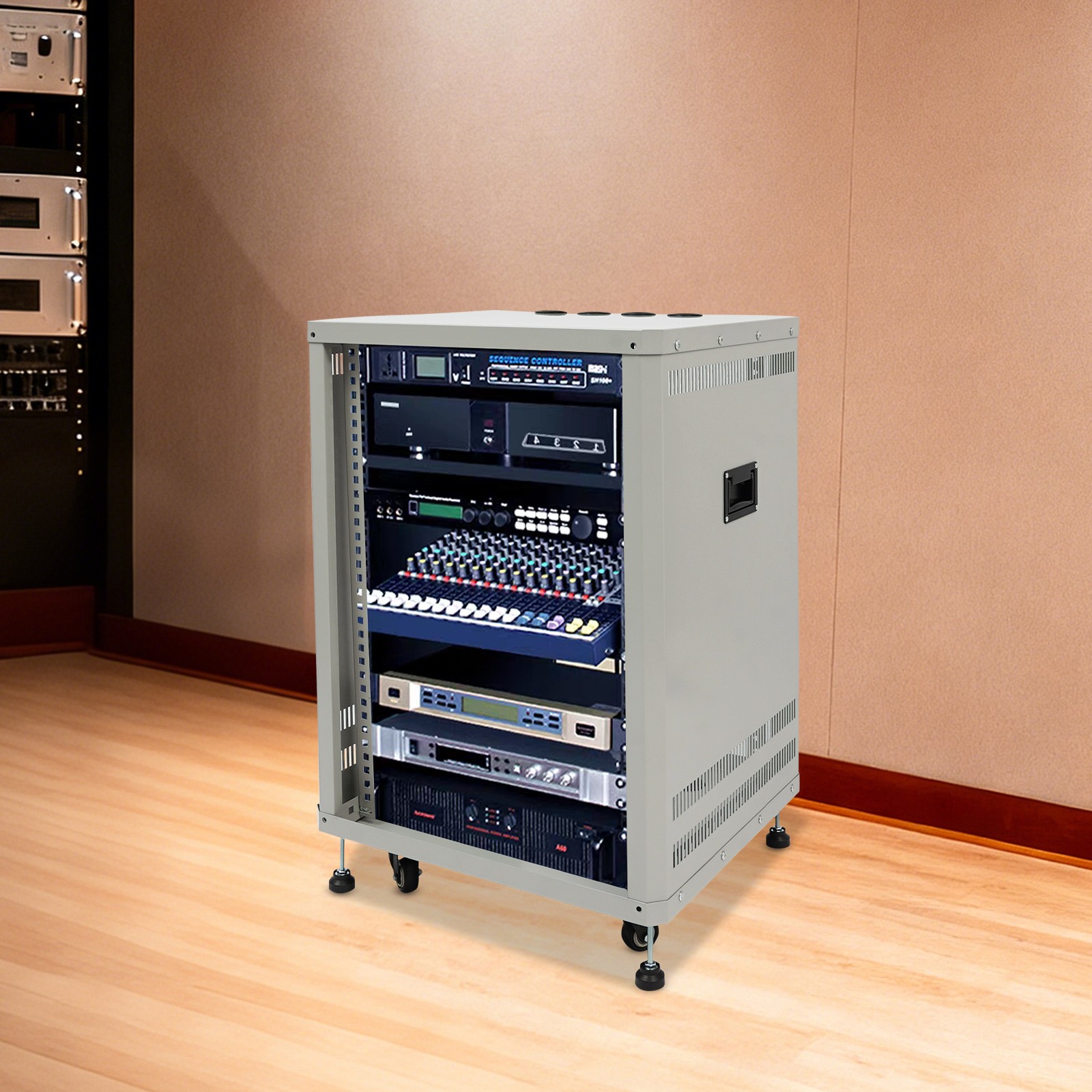 15U Network & Audio Rack With Feet & Wheels, Rolling Studio Rack Case 300lbs