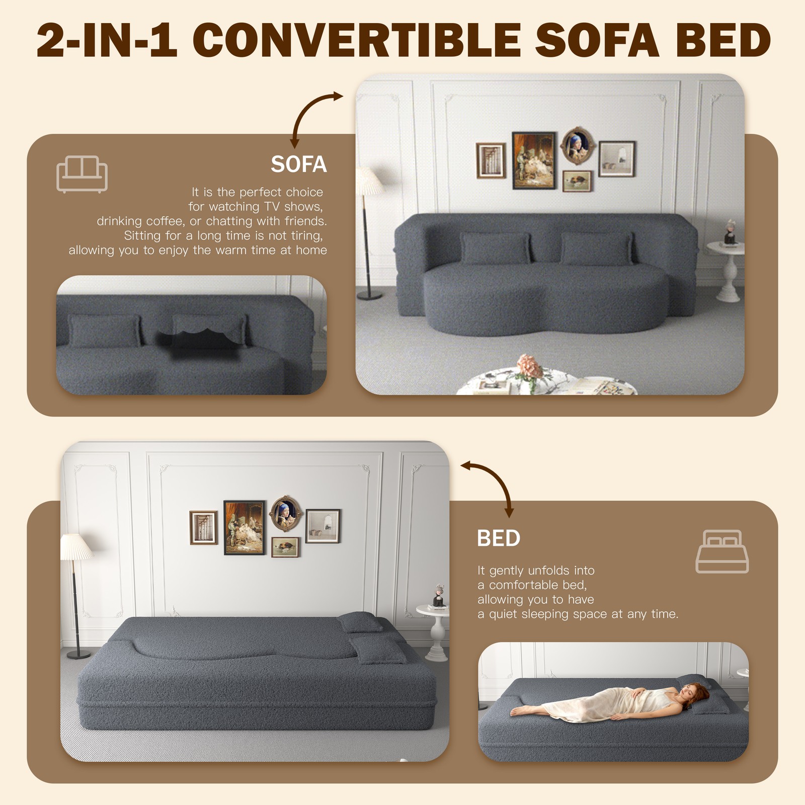 Modern Floor Sofa ,Convertible Sleeper Sofa Bed,15" Full Size Folding Ma