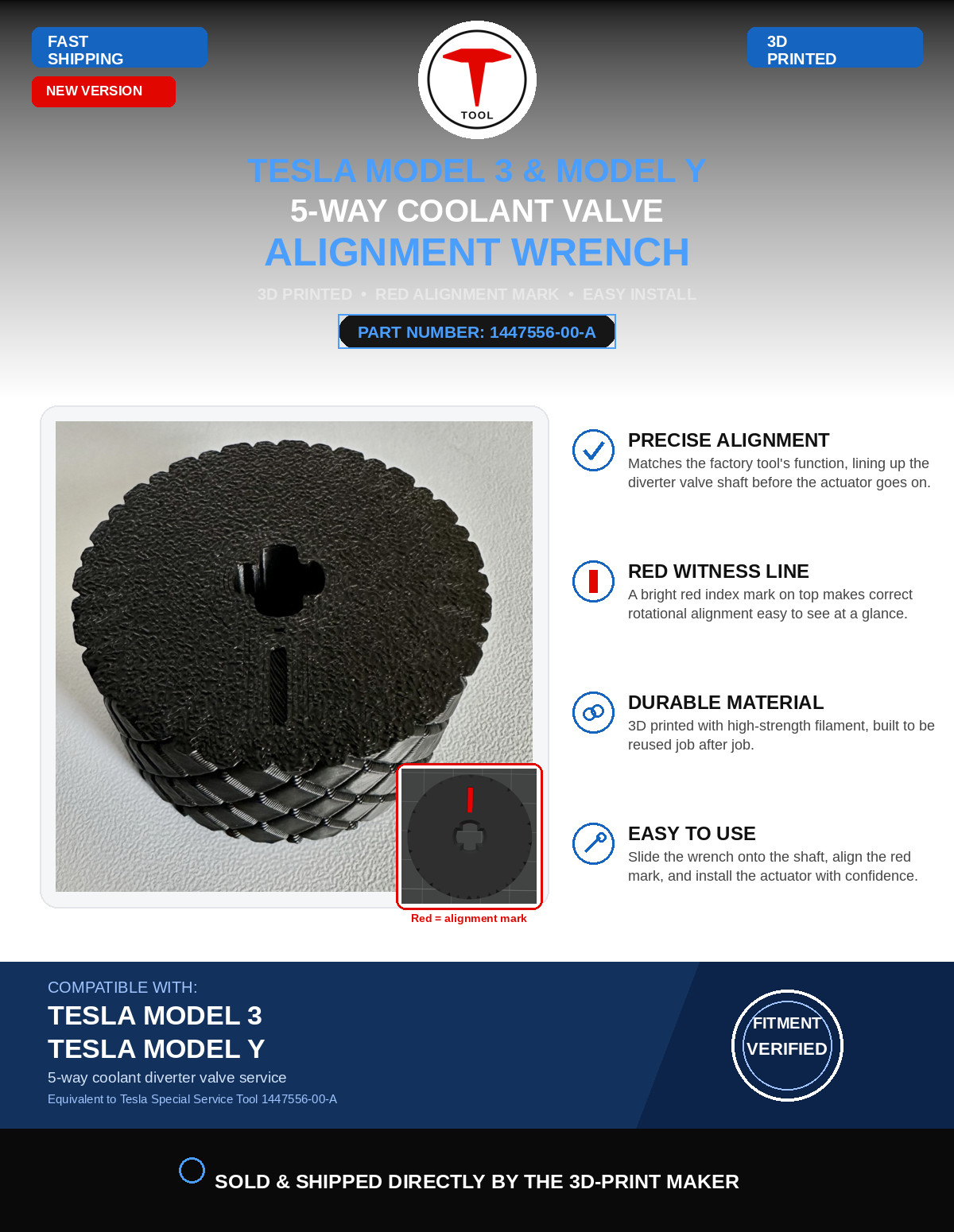 Tesla 5-Way Coolant Valve Alignment: Wrench Diverter Valve, Model 3 1447556-00-A