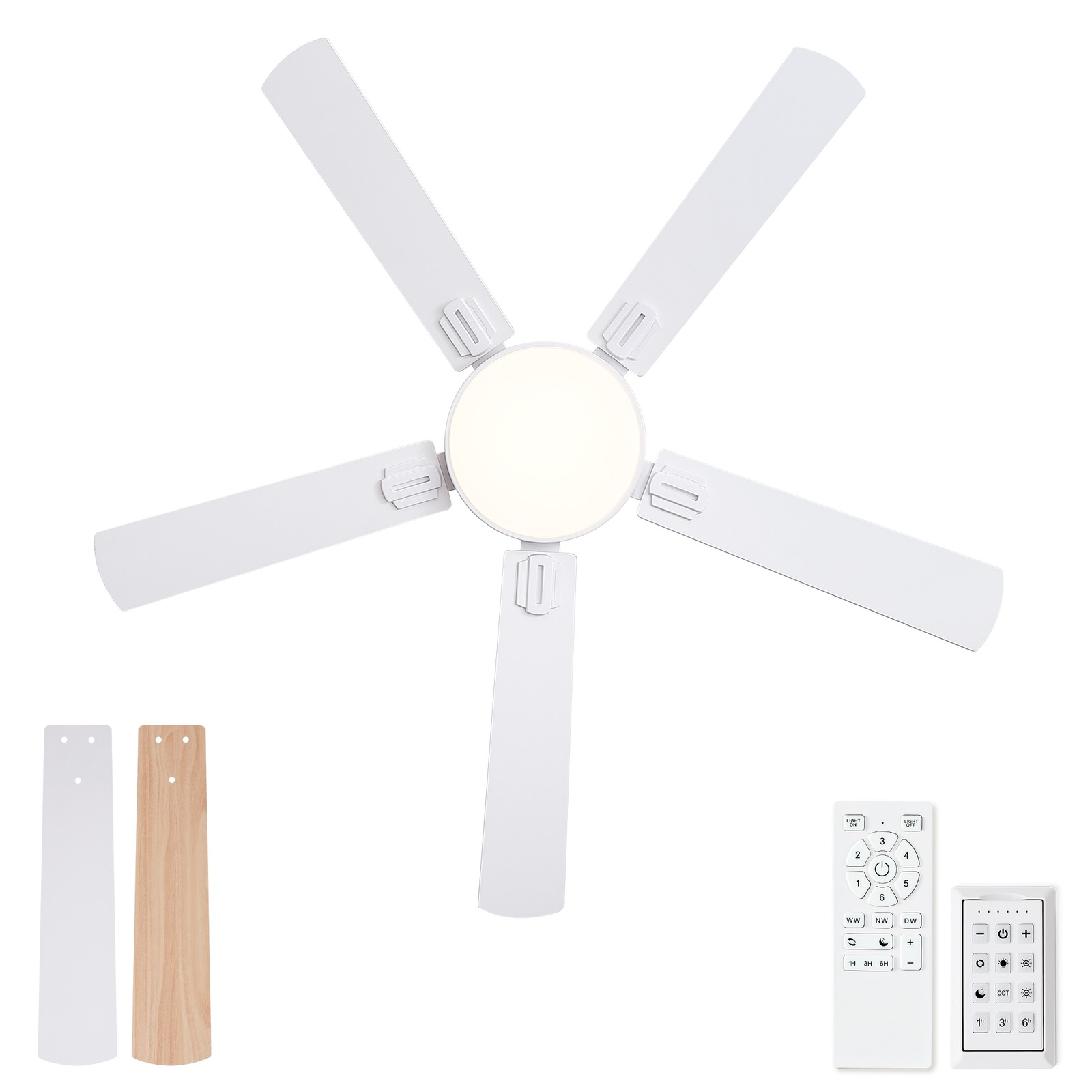 52" White Ceiling Fan with Light and Remote Control, 6-Speed DC Motor