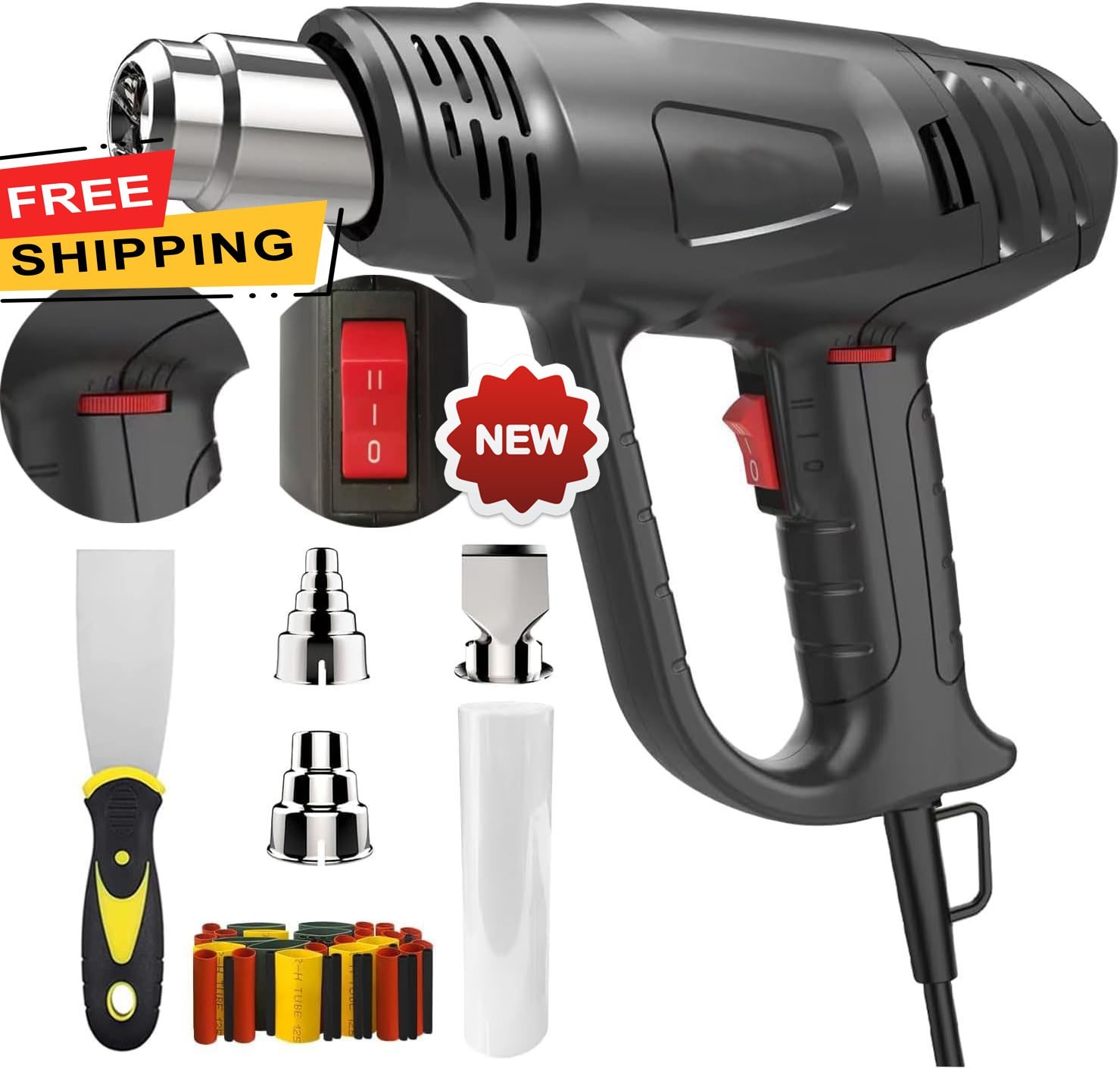 Pistola de calor de 1800 W, kit de aire caliente de alta resistencia, 122 °F a 1