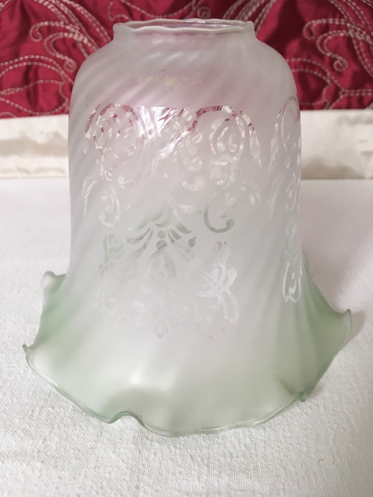 Antique Victorian Art Nouveax Frosted Floral Spiral Fluted Ruffle Oil Lamp Shade