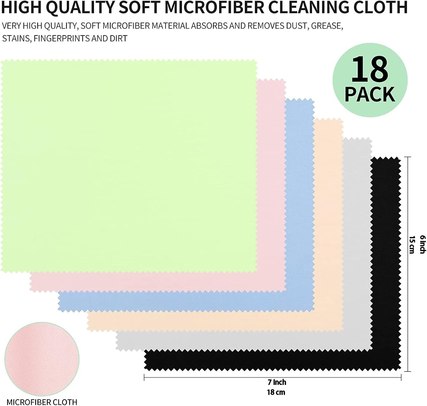 18 Pack Multicolor Microfiber Cleaning Cloths, 7" x 6" - Perfect for All Devices