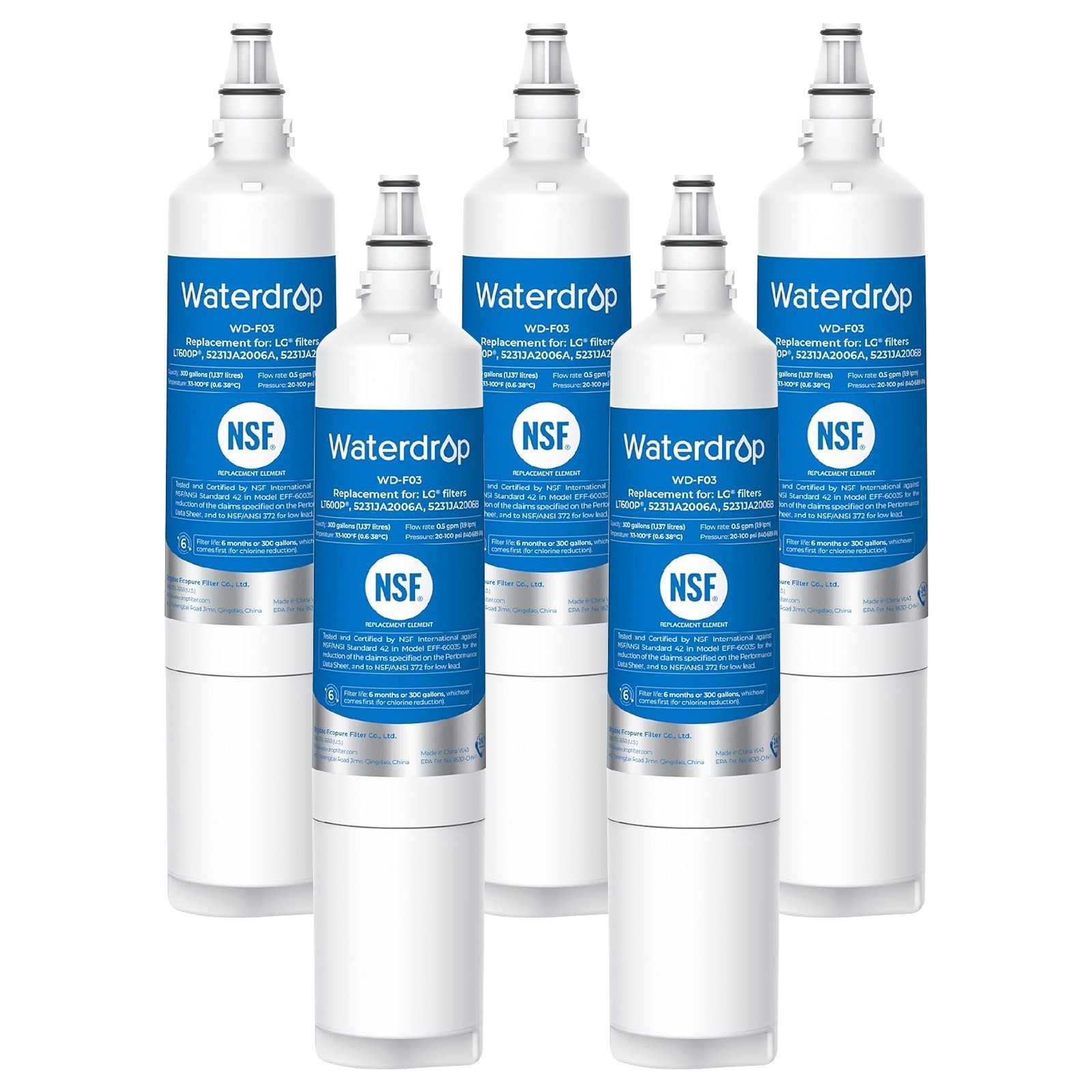 Waterdrop WD-F03 Refrigerator Water Filter Replacement for LG® LT600P® (5 Pack)