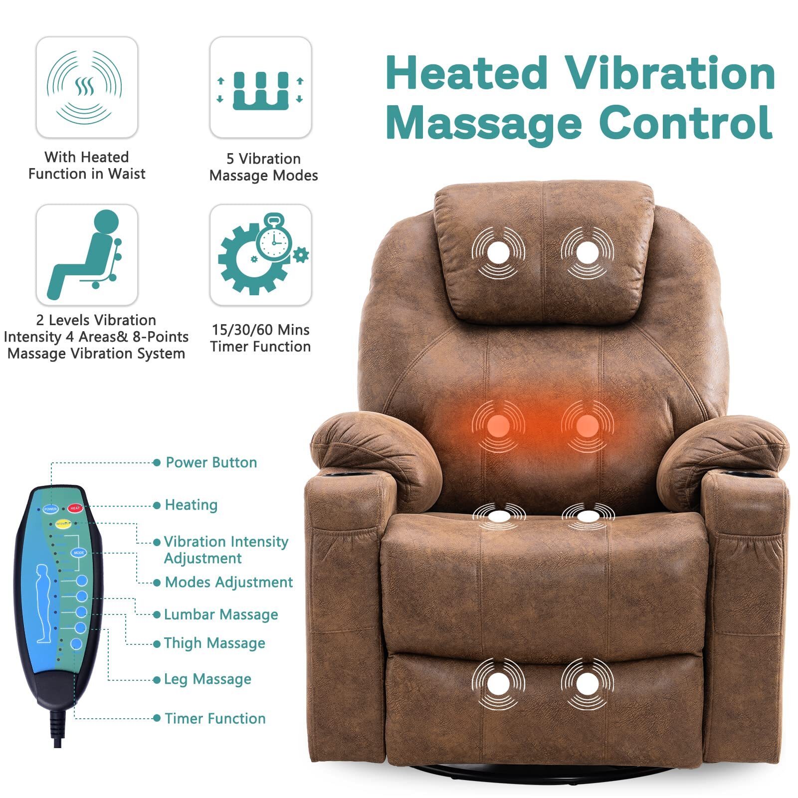 Massage Recliner Chair Swivel Rocker Glider Heated Rocking Recliner W/ USB Ports