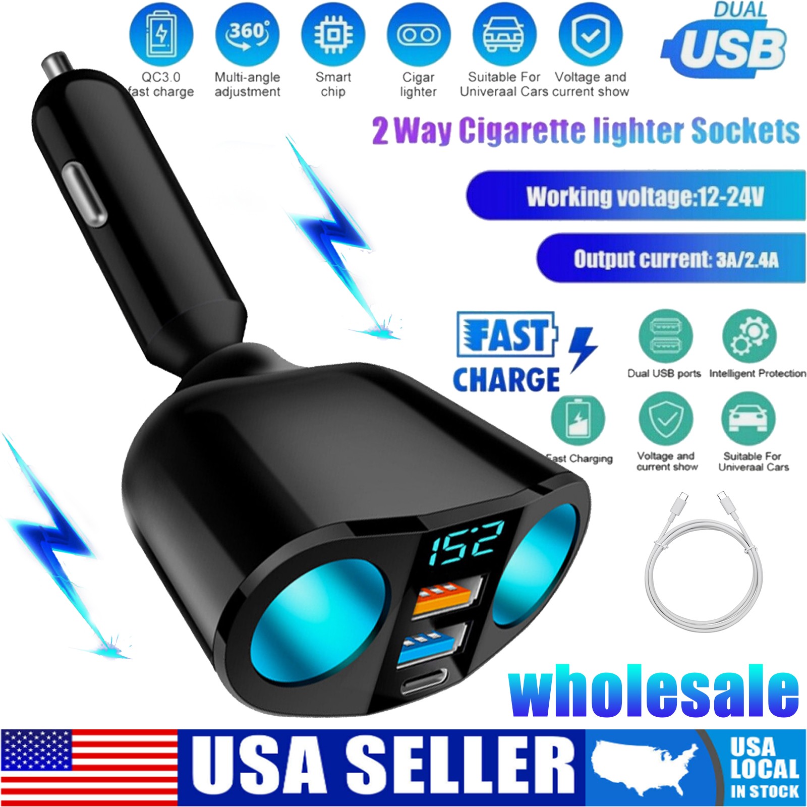 Lot Outlet Dual USB Car Cigarette Lighter Socket Splitter Power Adapter Charger