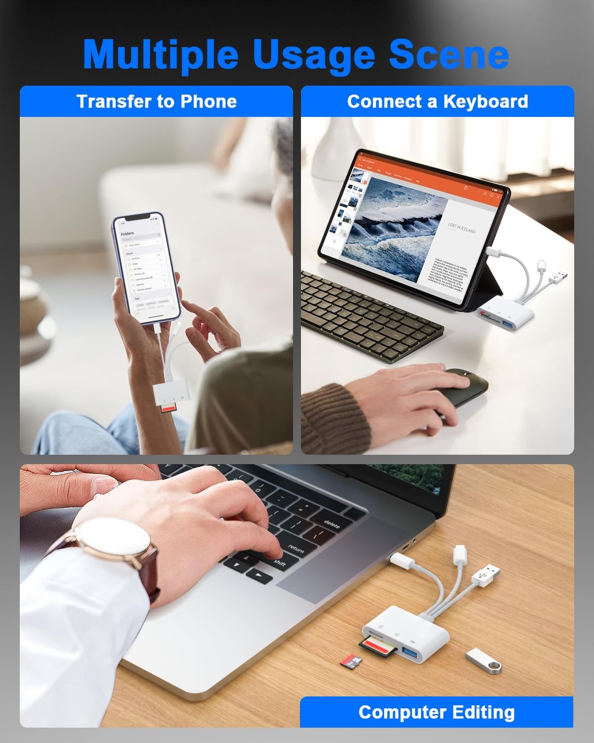 SD Card Reader 3 in 1 - Lightening to USB Camera Adapter with SD/Micro SD Slo...