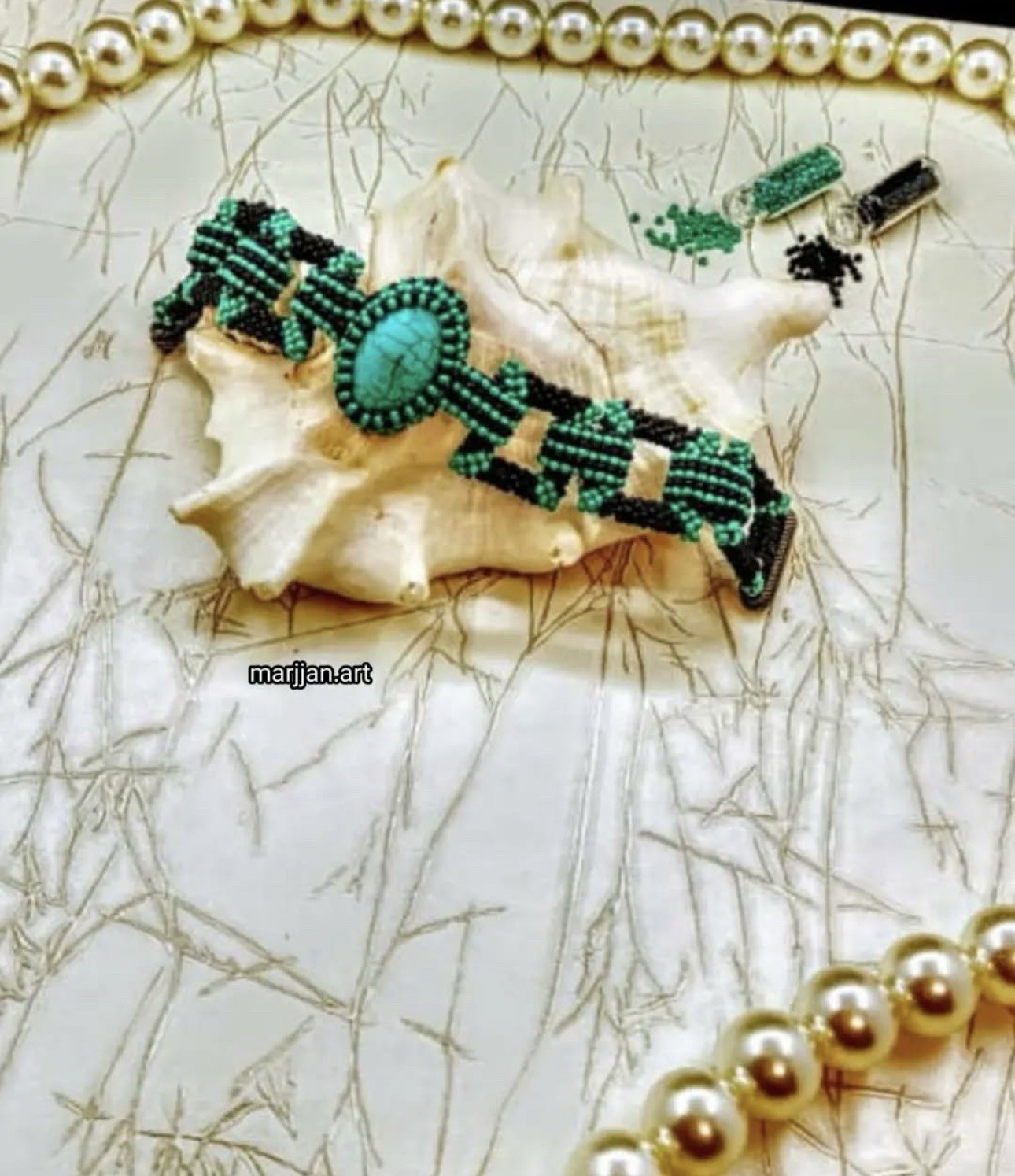 Handmade Beaded Bracelet Turquoise Centerpiece Green Black Boho Artisan Jewelry