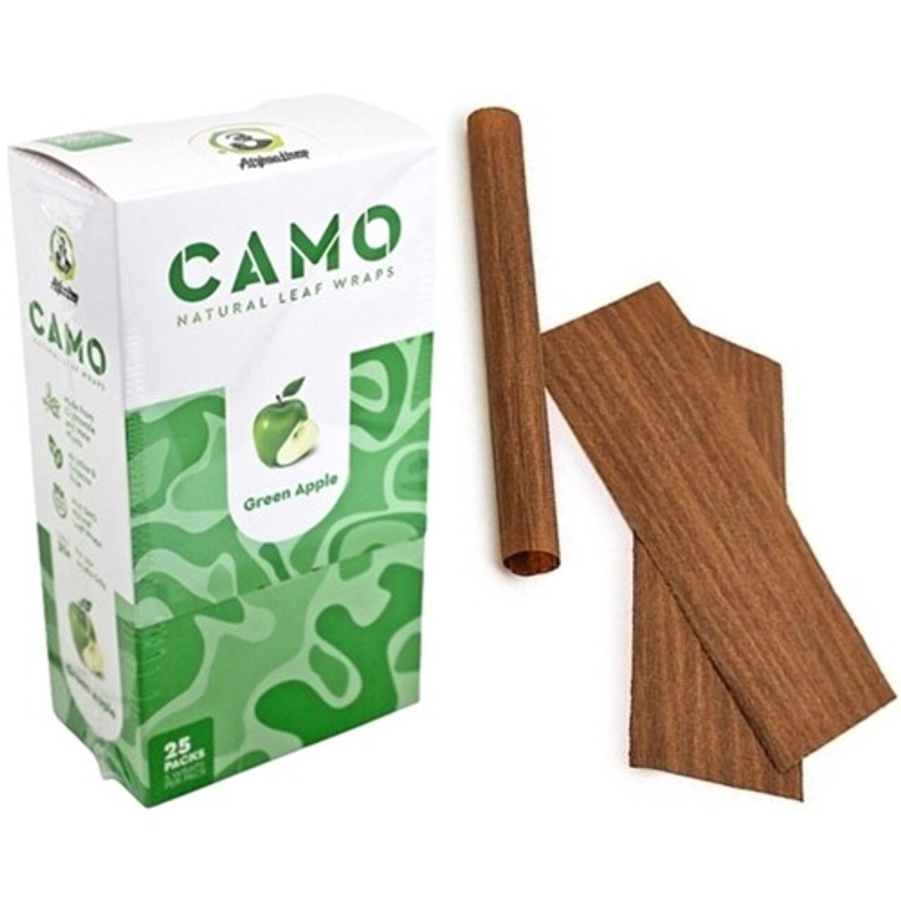 Camo Natural Leaf Wraps GREEN APPLE Self Rolling Herbal Wraps 25 Packs, Full Box