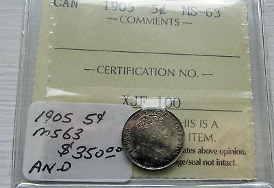 Canada 1905 5 Cents Silver  ICCS MS 63 Mint State UNC George V Certified