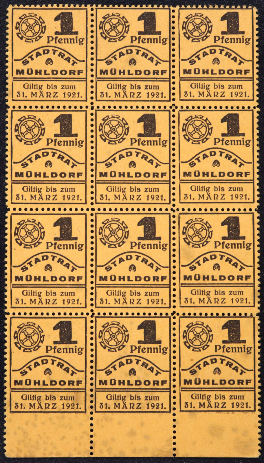 MÜHLHAUSEN 1920 UNCUT BLOCK 12pcs 1 Pfennig small cardboard Notgeld Germany