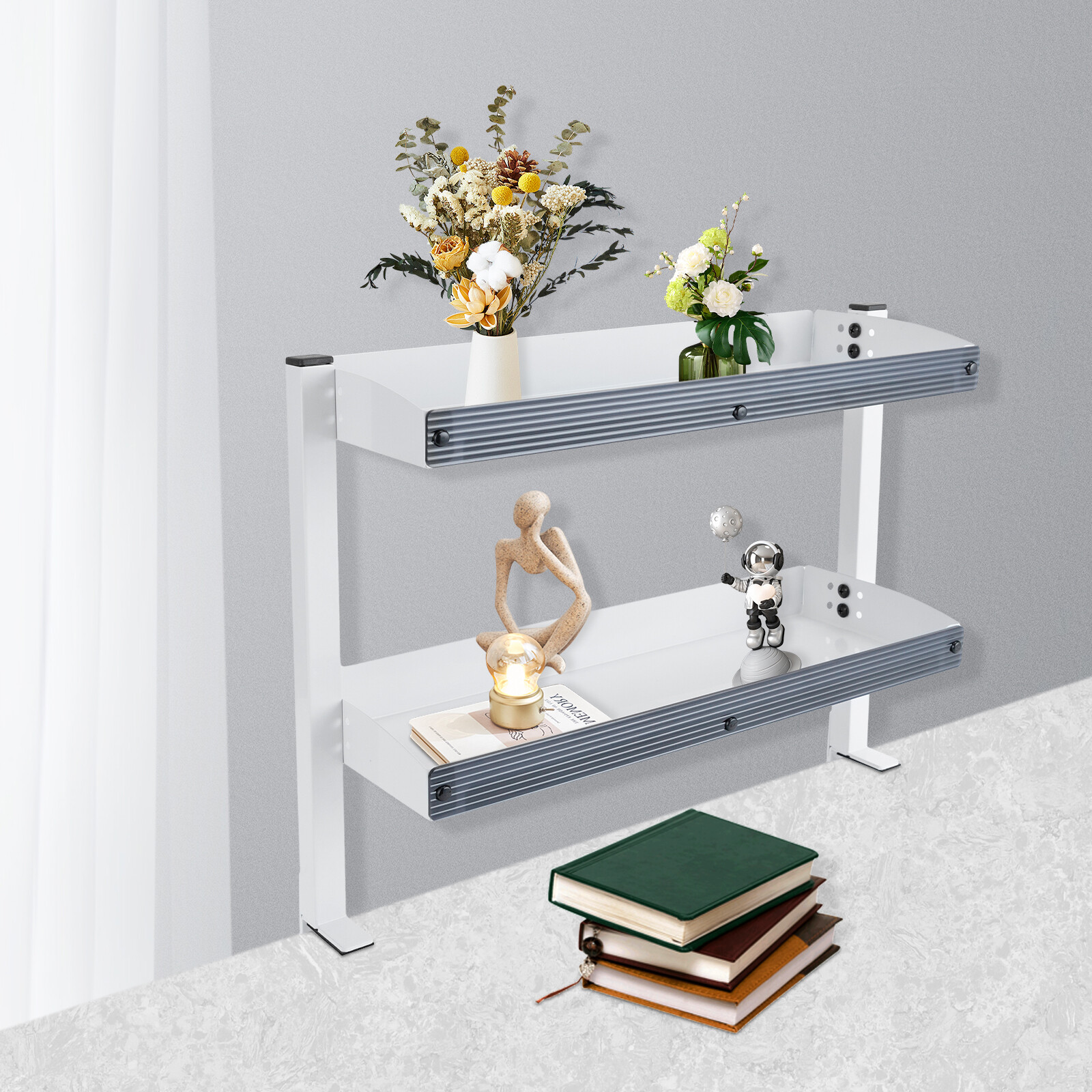 2-Tier Shelving with Adjustable Storage,White Storage Tray,for Living Rooms