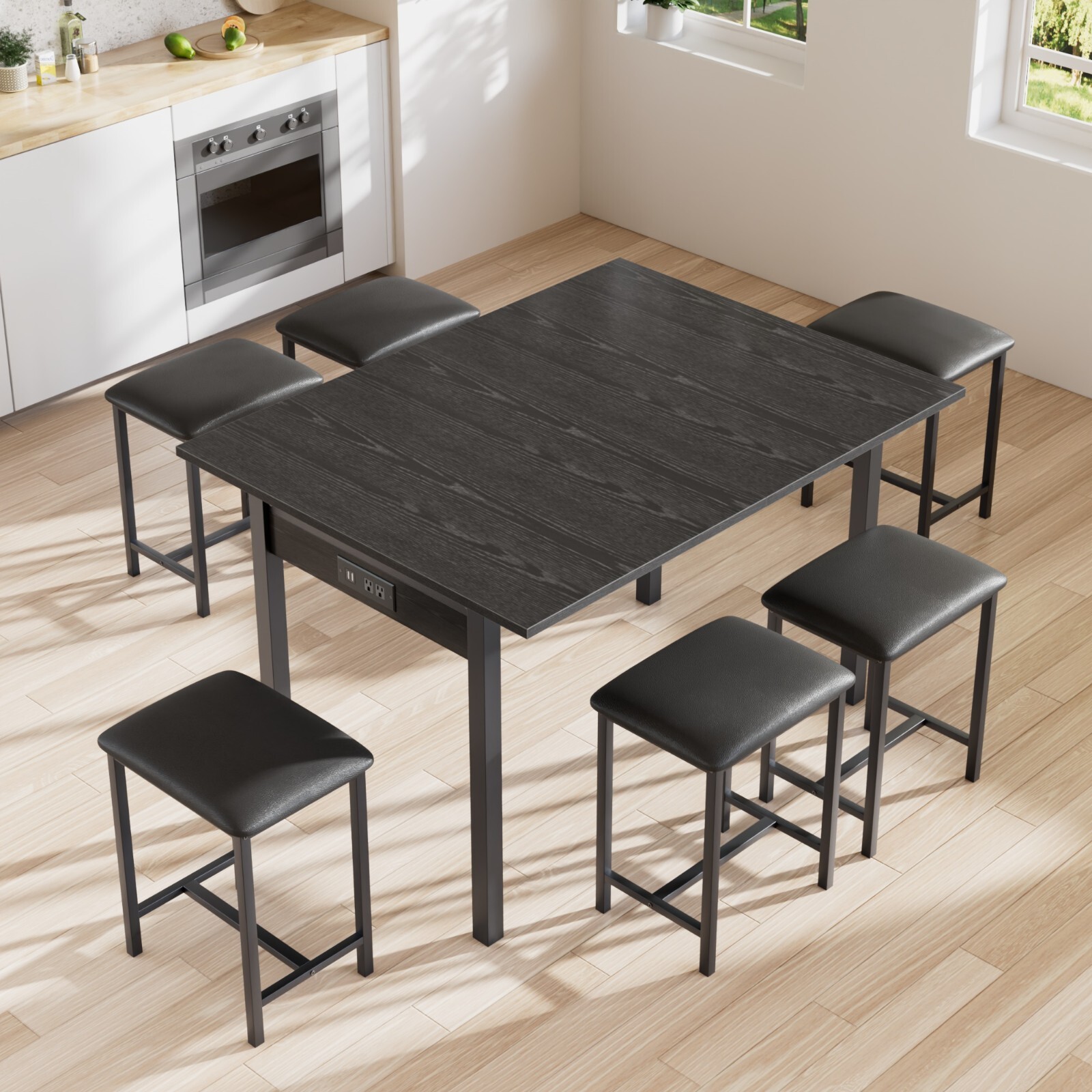 Extendable Dining Table Set with USB Charging, Kitchen Table with 6 Stools Black