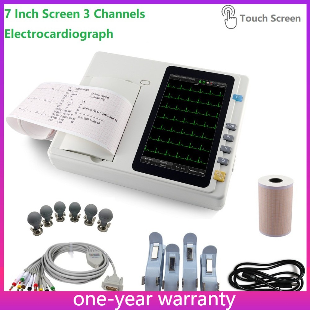 7" Touch Screen 12-Lead 3-Channel ECG Machine Portable Electrocardiograph Device