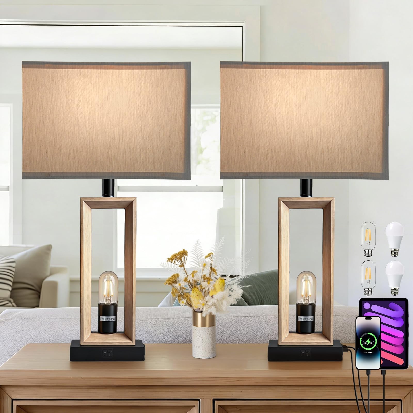 Modern Farmhouse Table Lamps Set of 2 for Living Room, Entryway, Bedroom Nigh...