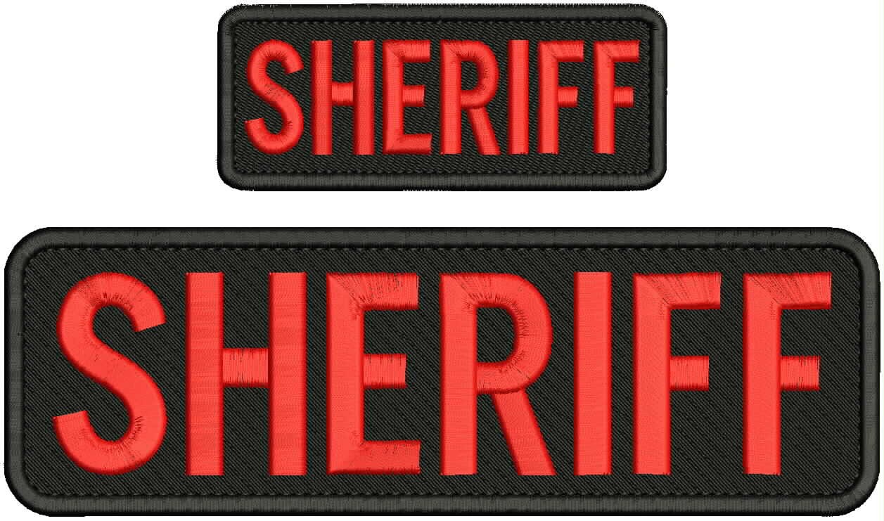 SHERIFF EMBROIDERY PATCH 10X3 AND 5X2 HOOK ON BACK RED ON BLACK