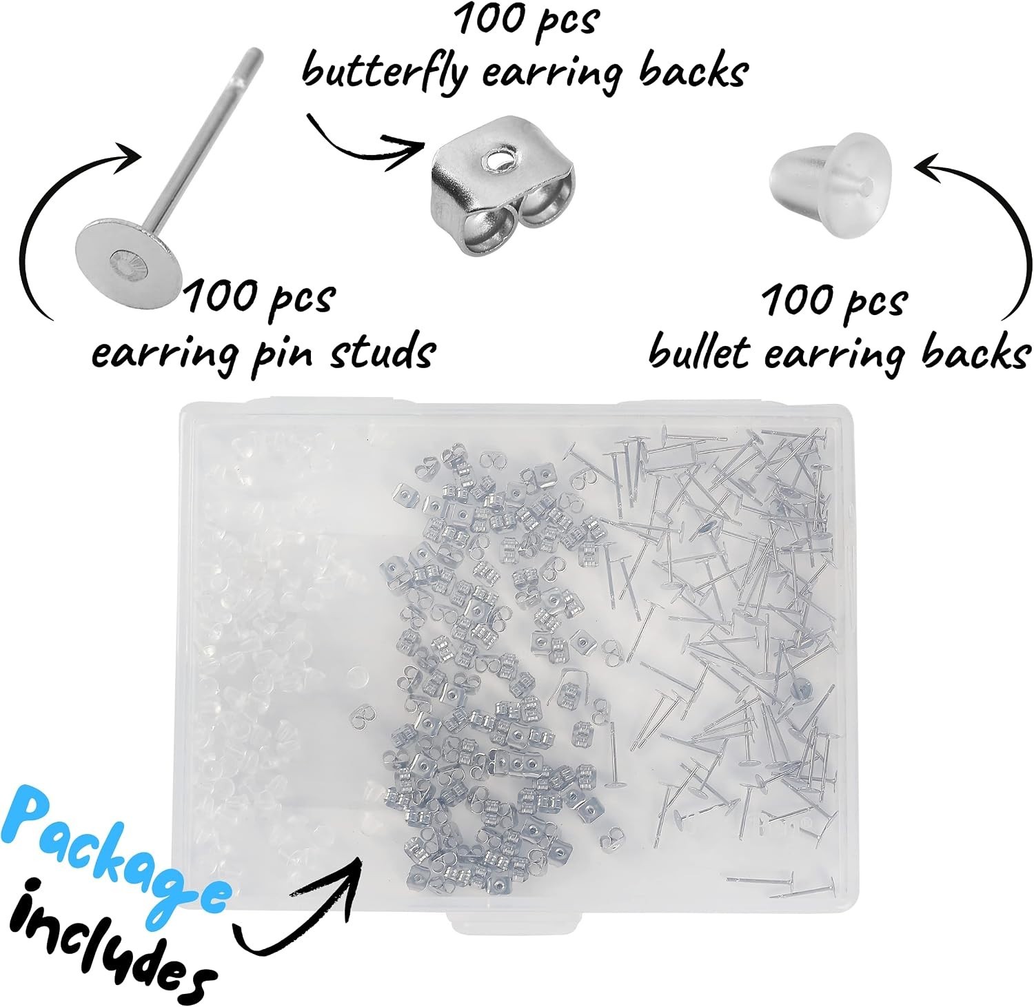 - Earring Posts, 300 pcs, Silver, Earring Studs for Jewelry Making, Earring Post