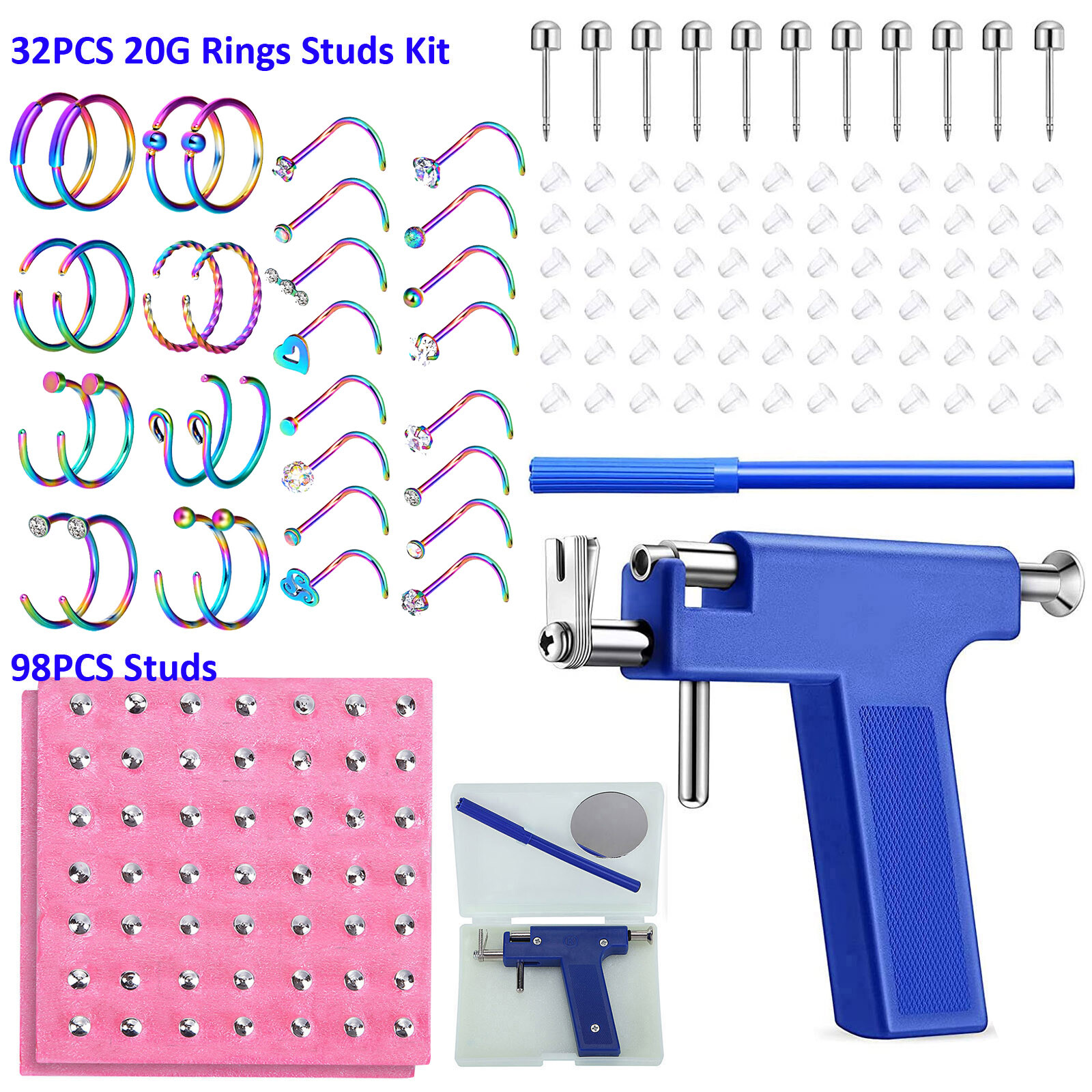 16-133Pcs Body Piercing Gun Kits Ear Nose Navel Ring Lip Studs Jewelry Tool Set