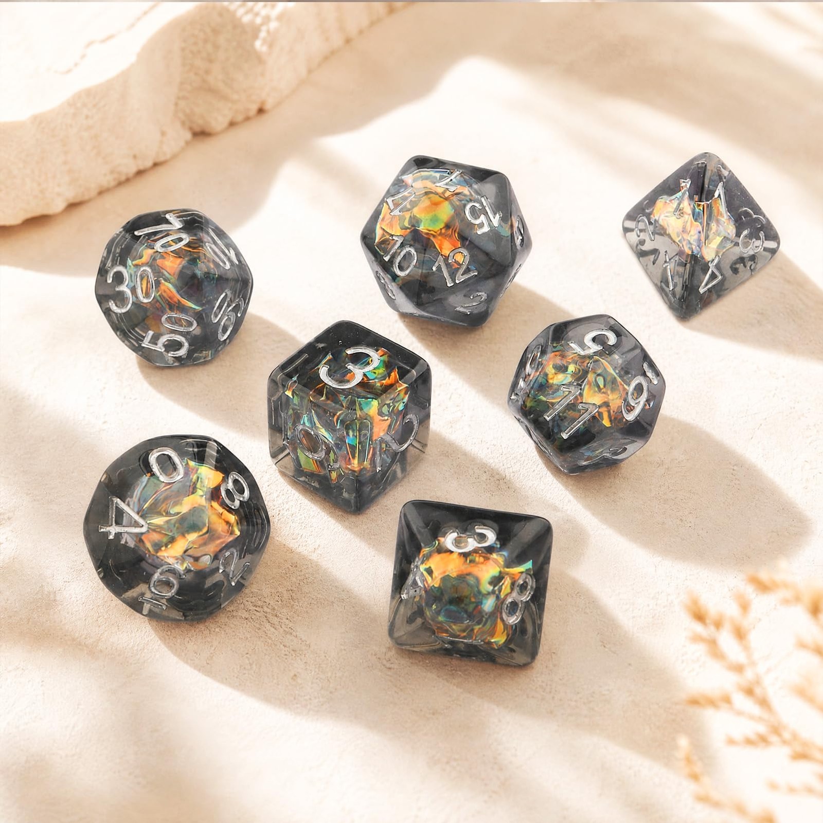Haxtec DND Dice Set 7PCS Polyhedral D&D for Black Gold Silver