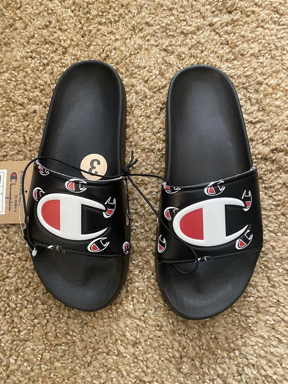 NEW, Kids Champion Slides, Black Sz 3