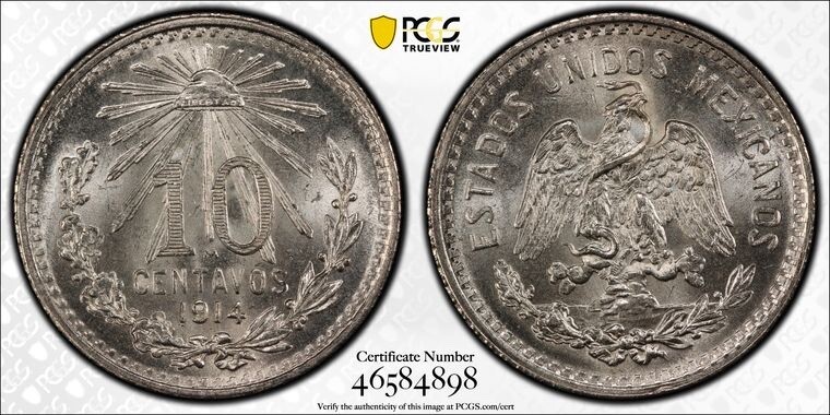 MEXICO ESTADOS UNIDOS 1914  10 CENTAVOS COIN, PCGS CERTIFIED UNCIRCULATED MS66