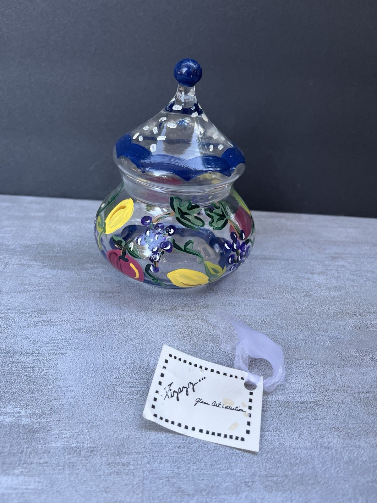 Hand Painted Glass Jar With Lid Flowers 5.25” Tall