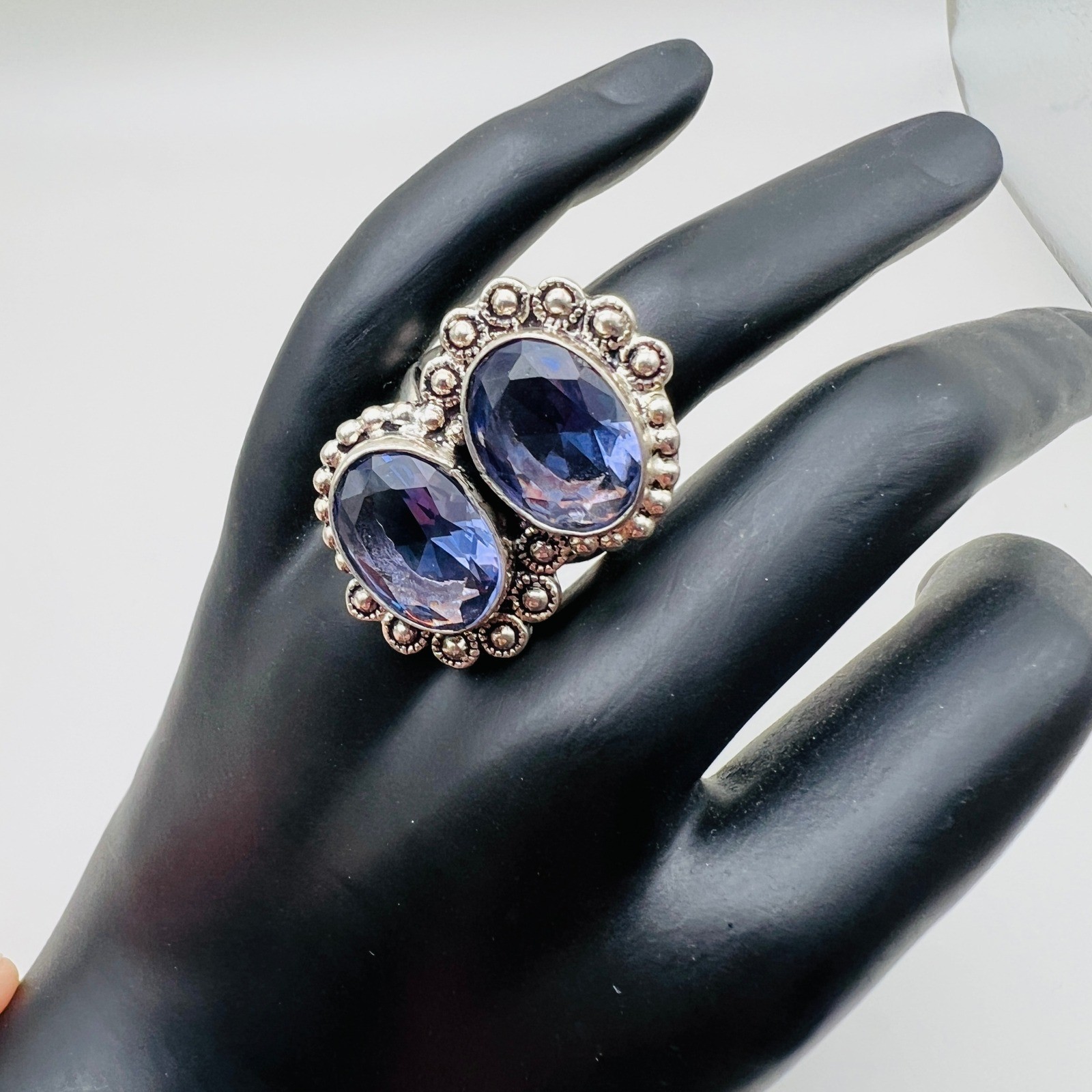 Artisan Silver Tone Ring Cocktail Statement Size 9 Blue Purple Double Stone