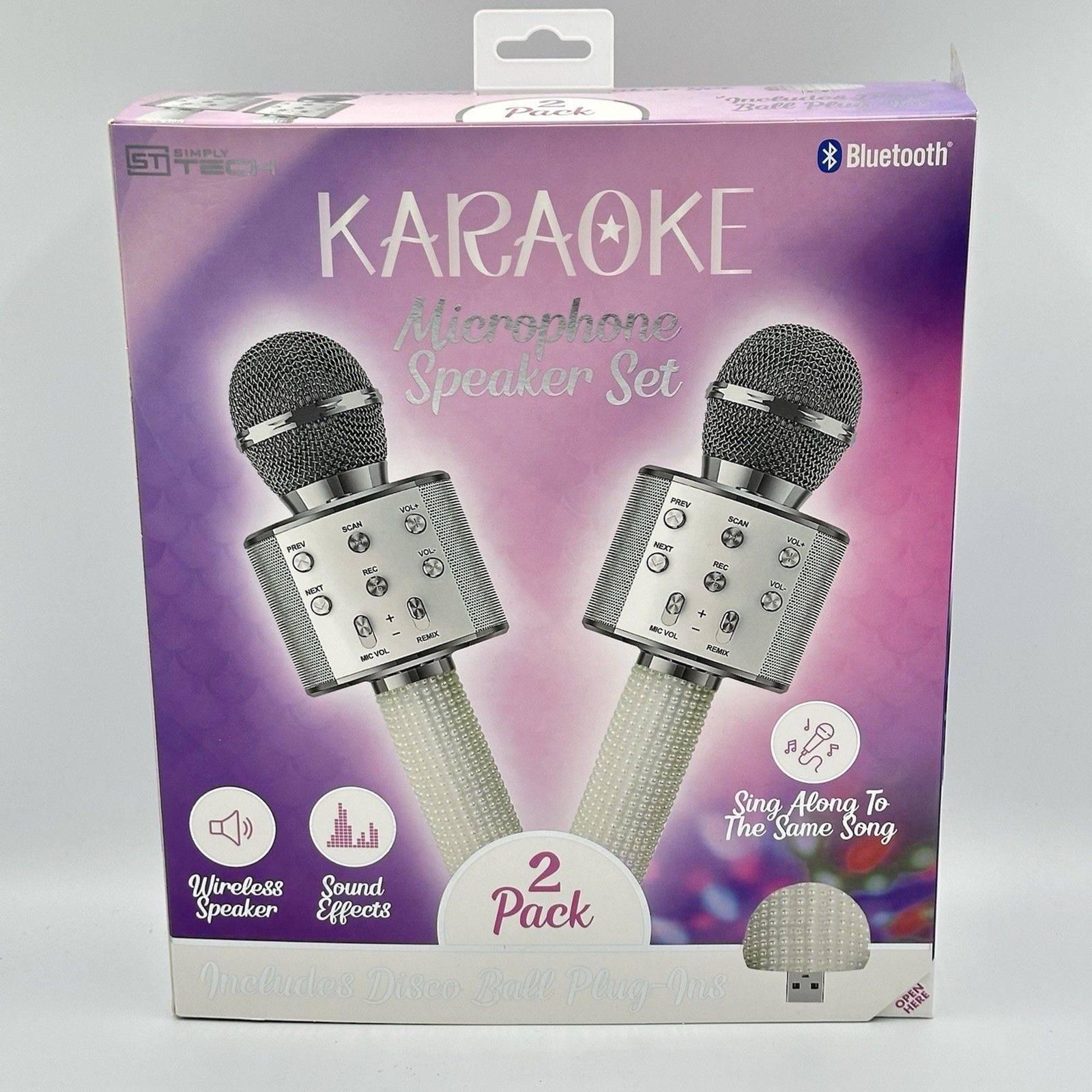 NIB Simply Tech Bluetooth Karaoke Microphone Set 2 Pack Silver Wireless Speaker